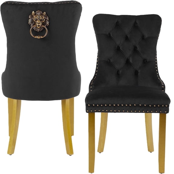 Black Velvet Dining Chairs Set of 2, Mid-Century Modern Tufted Side Chairs with Solid Gold Legs & Lion Head Pull Ring