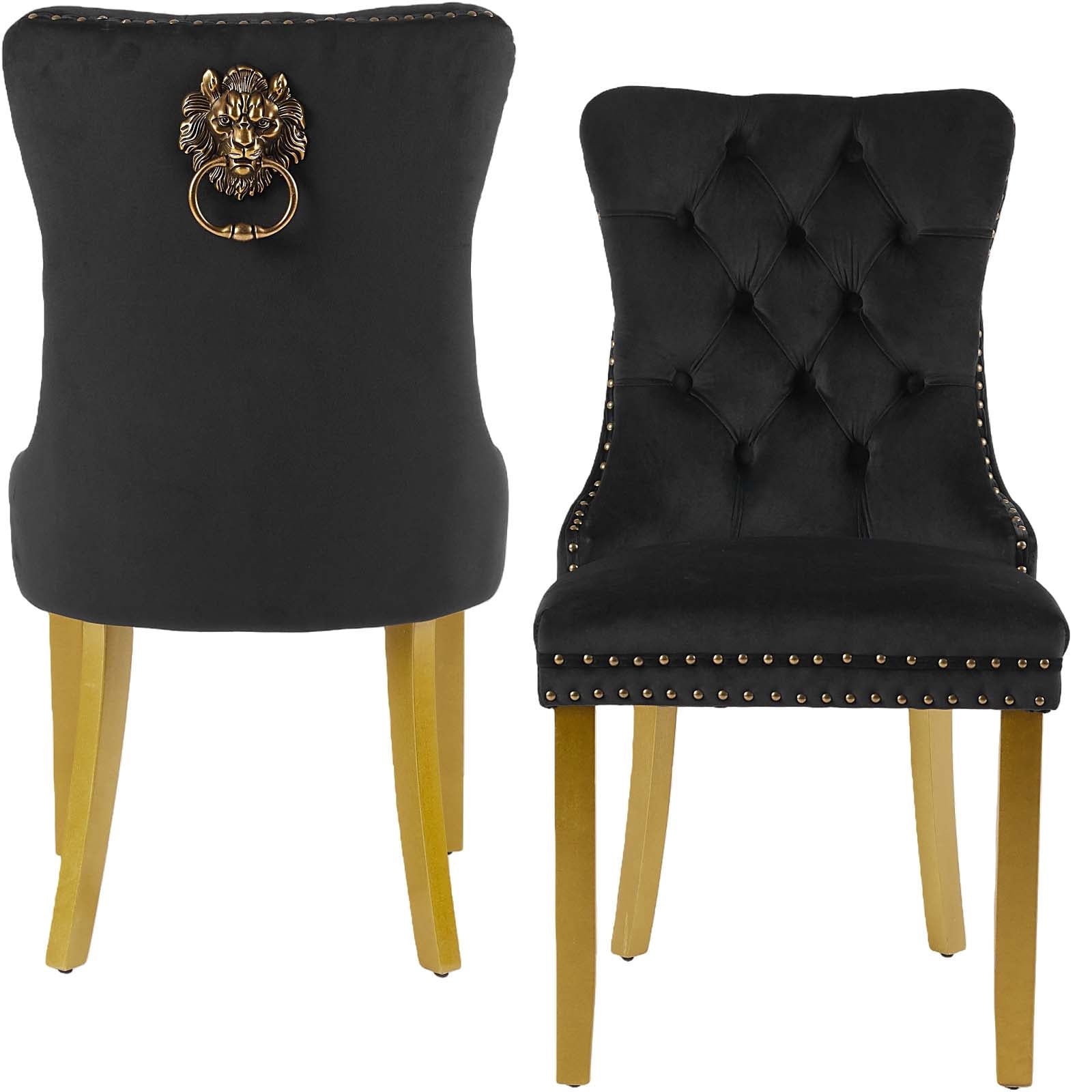 Mid-Century Modern Velvet Dining Chairs Set of 2, Black with Gold Legs
