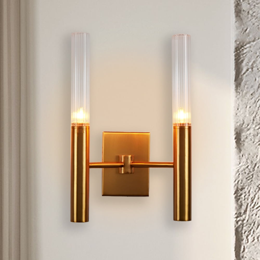 Mid-Century Modern Vintage Brass Finish and Ribbed Glass Shades Wall Lights for Living Room,Bedroom Wall Light Sconces