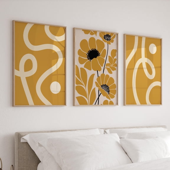 Mid Century Modern Wall Art Prints In Mustard Yellow Abstract Posters Botanical Prints Flower Living Room Bedroom Triptych Art Set 3