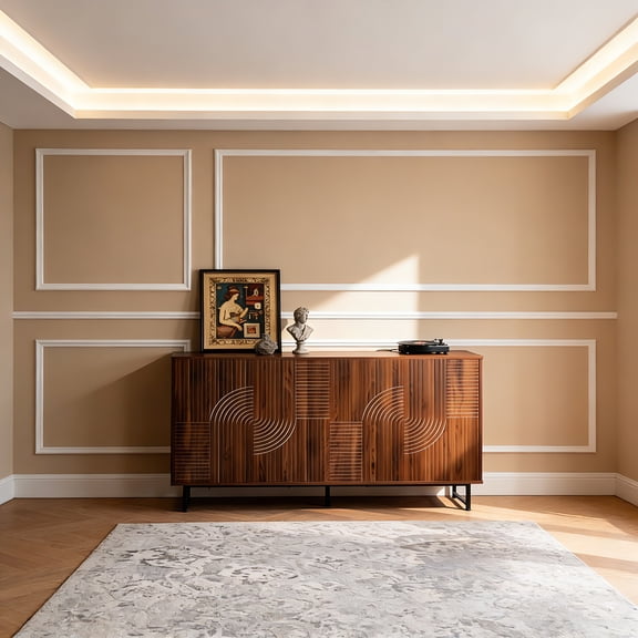Mid-Century Modern Walnut Sideboard Buffet Cabinet, 59 x 16 x 33 Inches, Geometric Carved Doors, Metal Legs, Multi-Purpose Storage Credenza for Living Room Dining Room Entryway