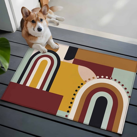 Mid-Century Modern Washable Area Rug 2x3 Geometric Abstract Brick Red Low-Profile Area Rugs with Non Slip Backing Indoor Floor Carpet for Entrance Living Room Bedroom Home Office