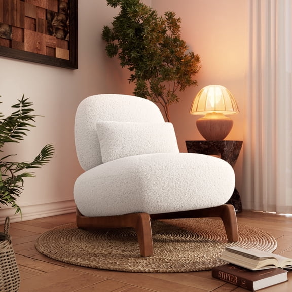 Mid Century Modern White Armless Accent Chair with Lamb Wool Fabric, Upholstered Living Room Chairs with Waist Cushion- Fortmok