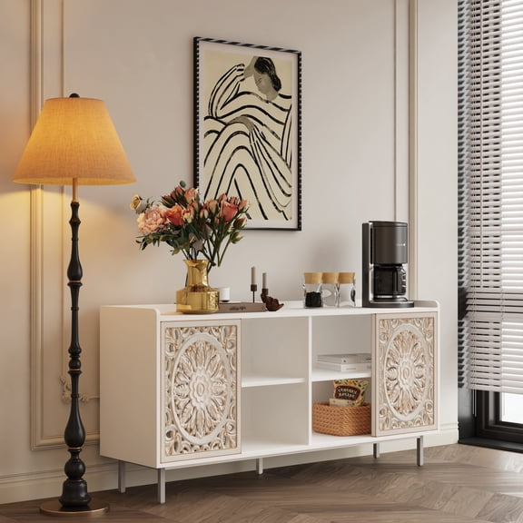Mid Century Modern White TV Stand & Curio Buffet Cabinet - Living Room & Kitchen Storage with Distressed Design, Multi-Purpose Sideboard for TVs, Decorative Cabinets & Entryway Storage
