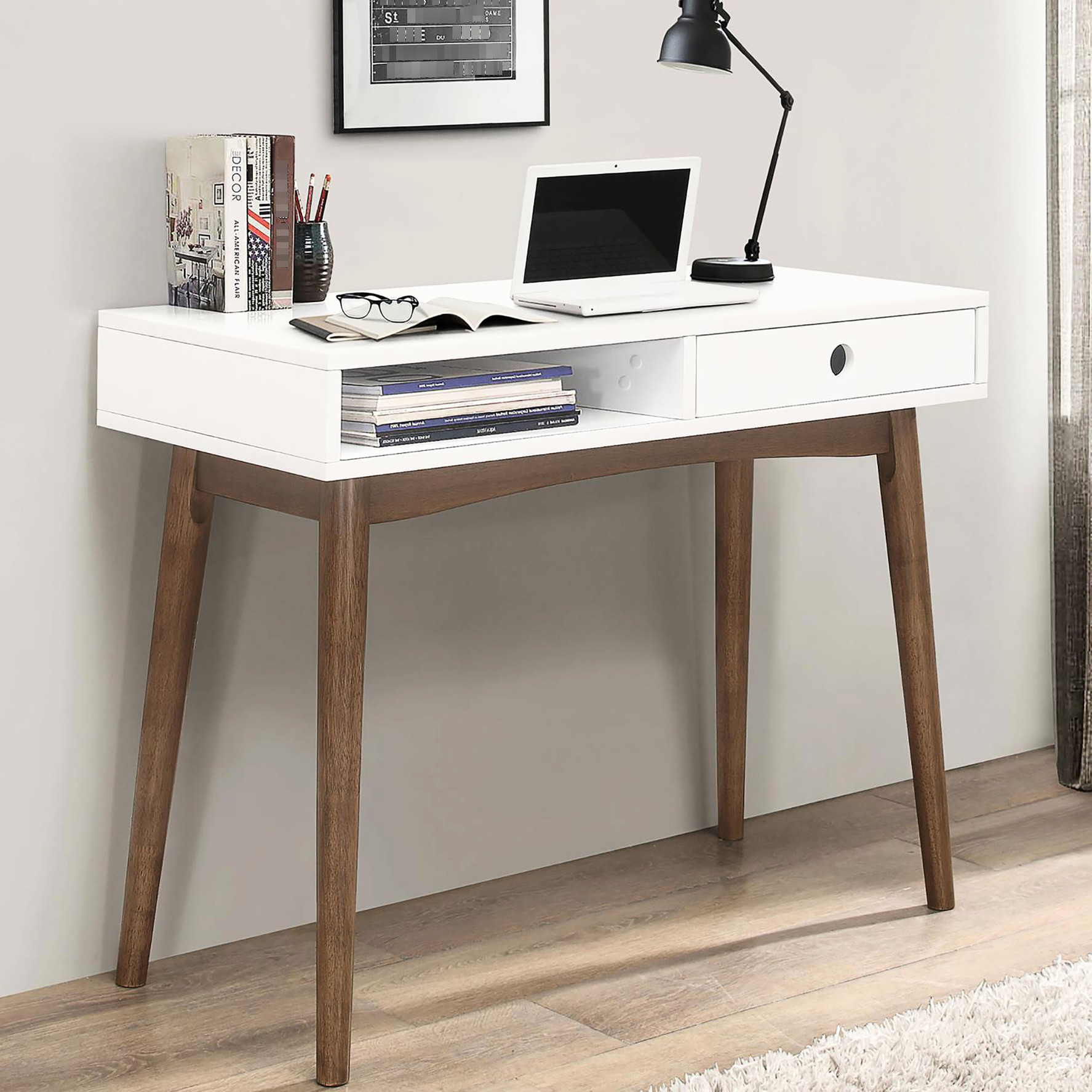 Mid-Century Modern White and Walnut Writing Desk with Slide-Out Drawer