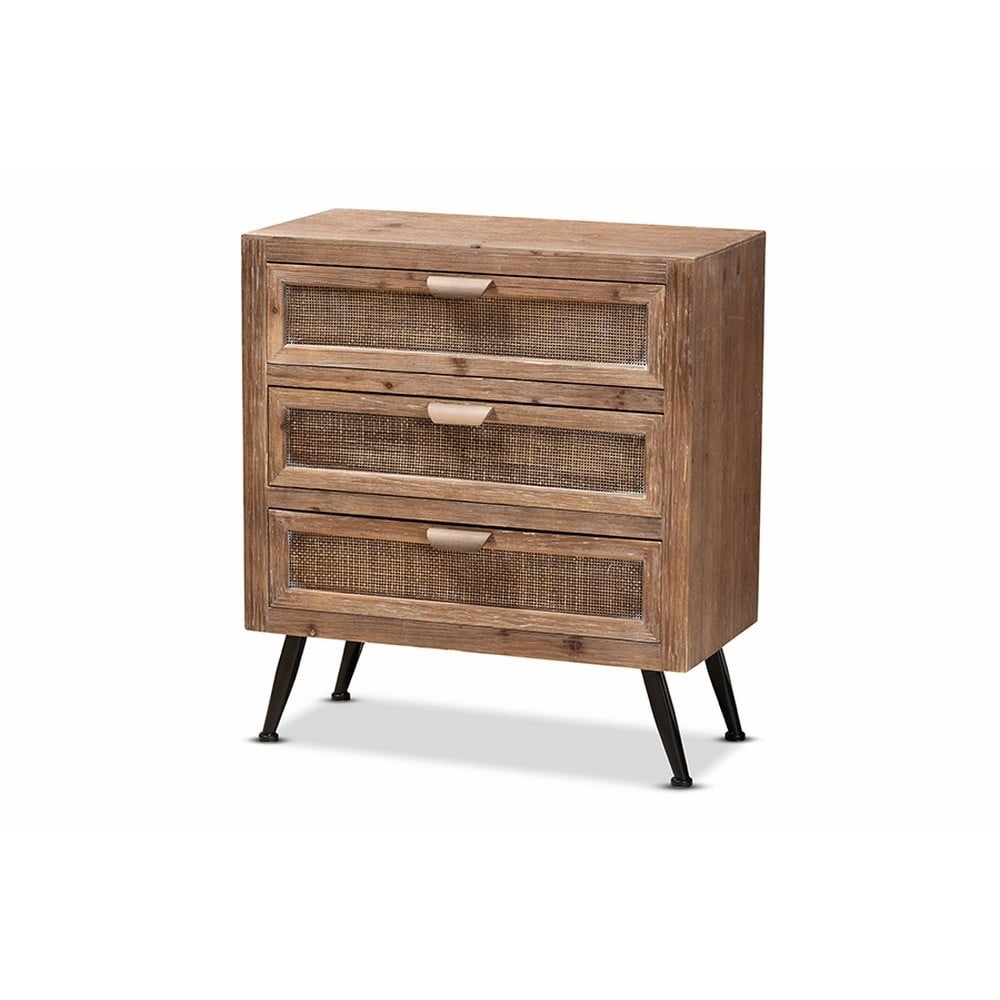 Mid-Century Natural Brown Wood and Rattan 3-Drawer Cabinet