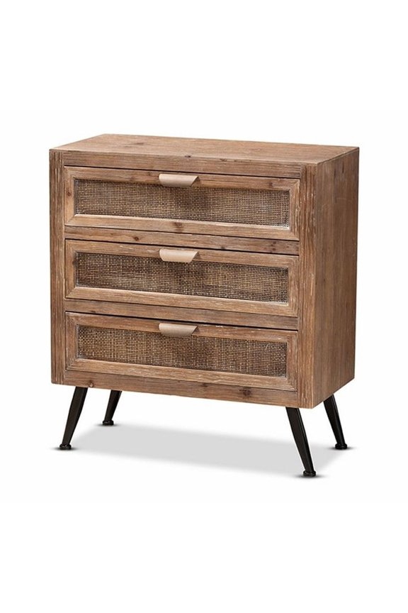Mid-Century Modern Whitewashed Natural Brown Finished Wood and Rattan 3-Drawer Storage Cabinet