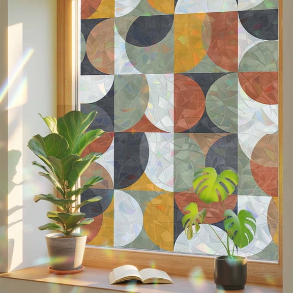 Mid-Century Modern Window Privacy Film, Abstract Geometric Semicircle Green Stained Glass Rainbow Film Decorative Window Clings, Static Cling Sun Blocking Stickers 17.7" x 39.3"