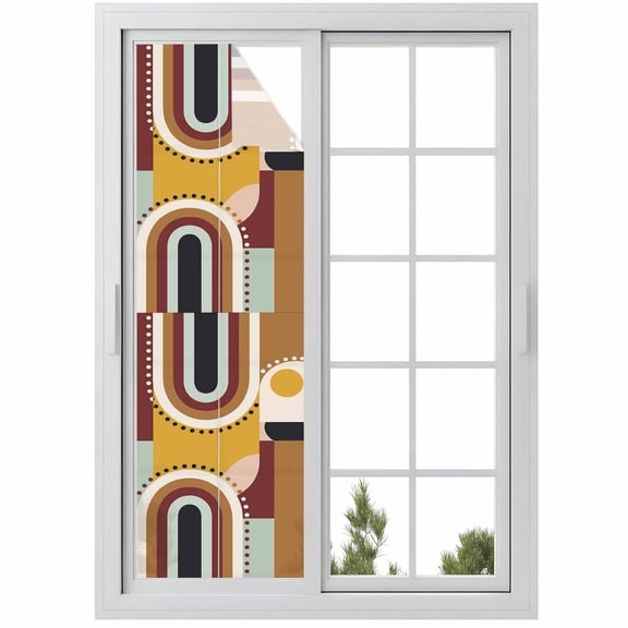 Mid-Century Modern Window Privacy Film Geometric Abstract Brick Red Decorative Glass Window Film UV Blocking Static Cling Non-Adhesive Sticker Covering for Home Door 17.7 x 78.7 inches