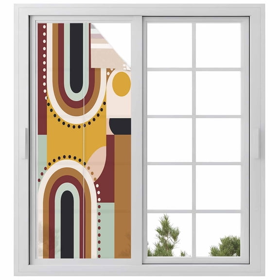 Mid-Century Modern Window Privacy Film Geometric Abstract Brick Red Decorative Glass Window Film UV Blocking Static Cling Non-Adhesive Sticker Covering for Home Door 23.6 x 59 inches