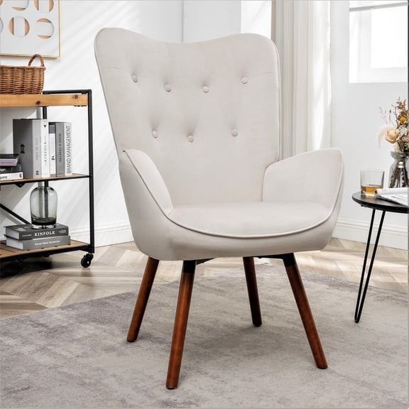 Mid-Century Modern Wingback Accent Chair, Button-Tufted Polyester Fabric Armchair with Solid Wood Splayed Legs for Living Room Bedroom Home Office