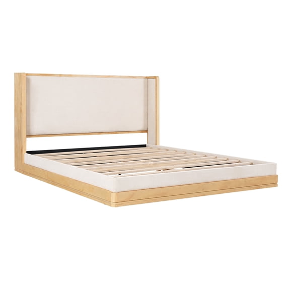 Mid-Century Modern Wood & Beige Upholstered Platform Bed,Queen