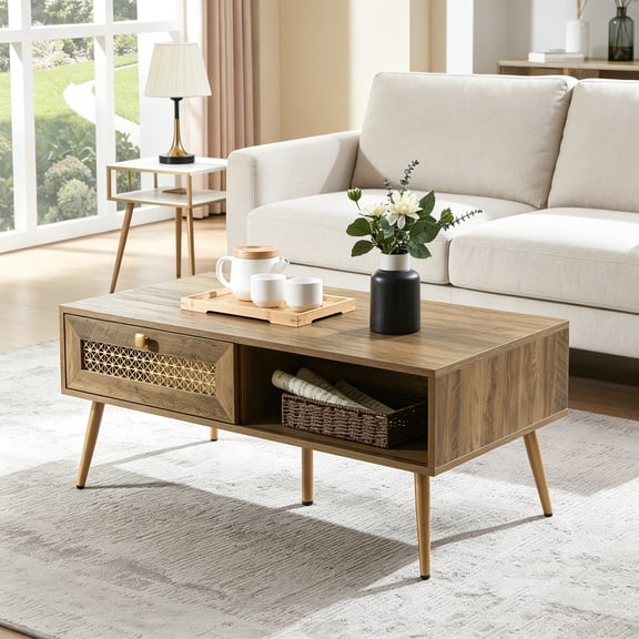 Mid Century Modern Wood Coffee Table, Rectangle Coffee Table with Sliding Door for Living Room, Rustic Oak