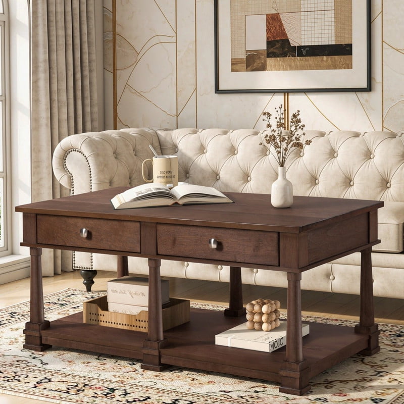 Mid-Century Modern Wood Coffee Table with 2 Storage Drawers & Open Shelf, Rectangular Cocktail End Table with Solid Wood Legs