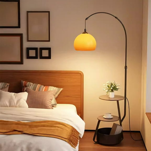Mid-Century Modern Wood Floor Lamp with Integrated Side Table, Adjustable Arm Reading Lamp with Storage Shelf, Bedside End Table Light for Living Room Sofa Coffee Table Coffee