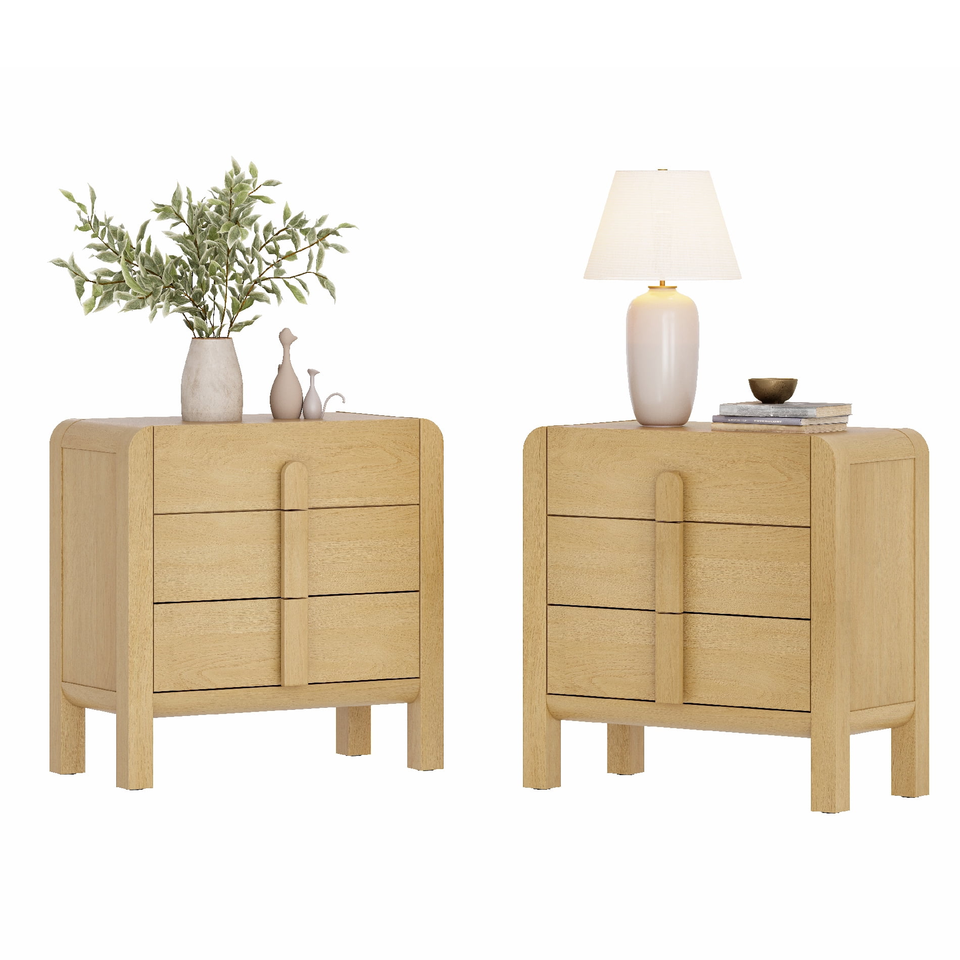 Mid-Century Modern Wood Nightstand Set of 2 with 3 Drawers ,31.5" Large End Table,Curved Bedside Table Storage Cabinet for Bedroom, Living Room,Entryway