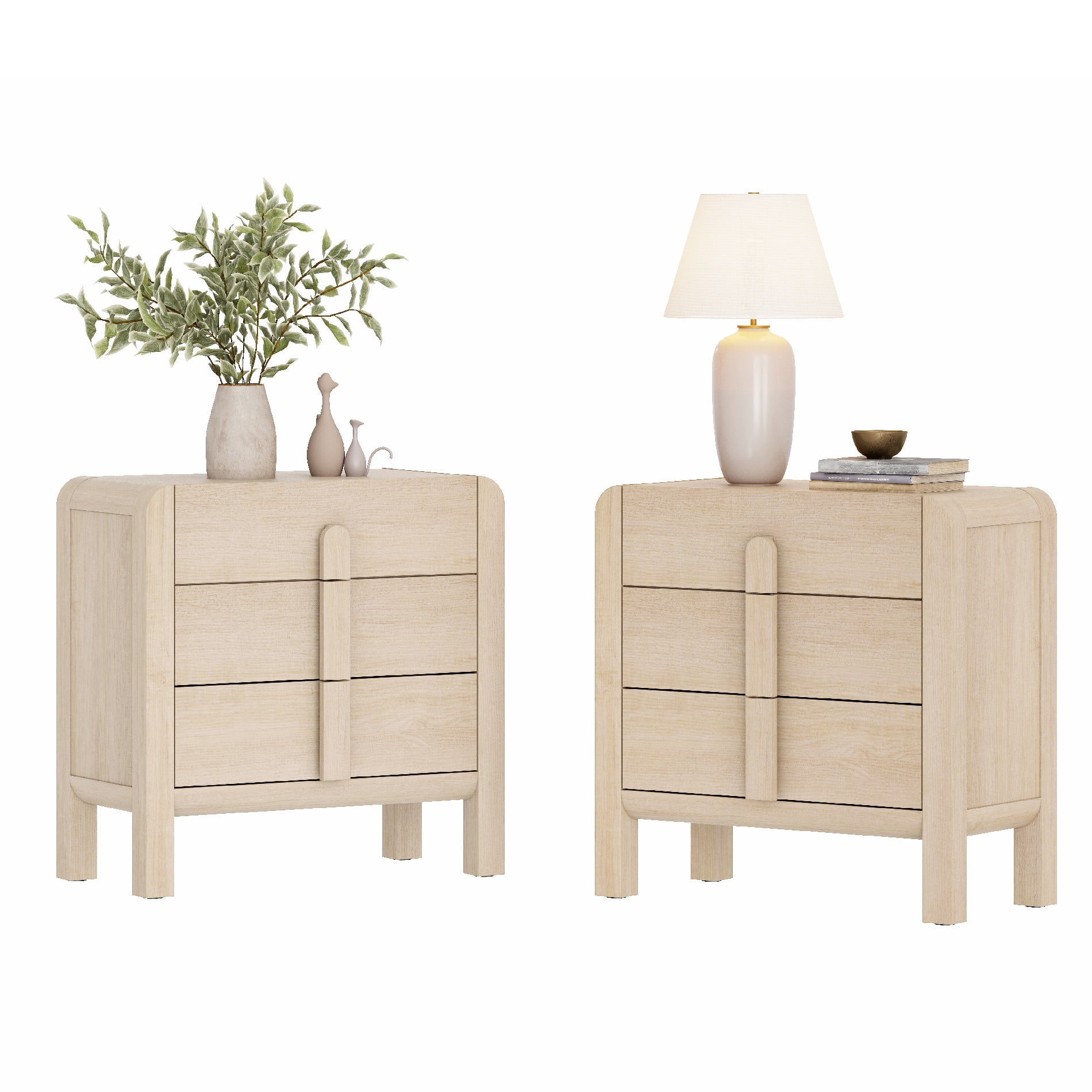 Mid-Century Modern Wood Nightstand Set of 2 with 3 Drawers ,31.5" Large End Table,Curved Bedside Table Storage Cabinet for Bedroom, Living Room,Entryway