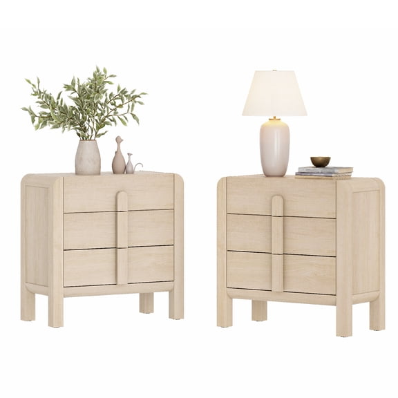 Mid-Century Modern Wood Nightstand Set of 2 with 3 Drawers ,31.5" Large End Table,Curved Bedside Table Storage Cabinet for Bedroom, Living Room,Entryway