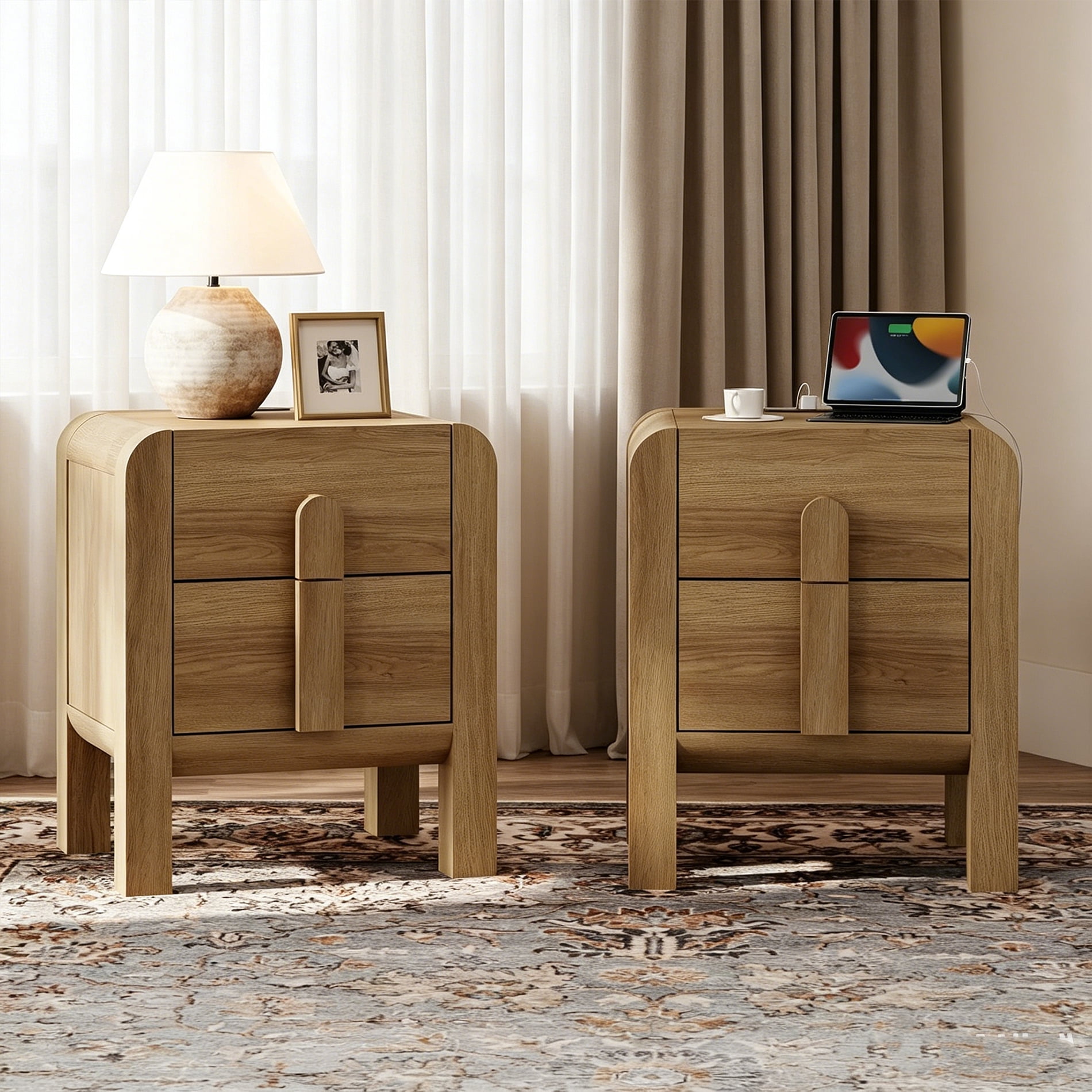 Mid-Century Modern Wood Nightstand Set of 2 with Drawers ,Curved End Table with Built-In Charging Station for Bedroom, Living Room,Entryway