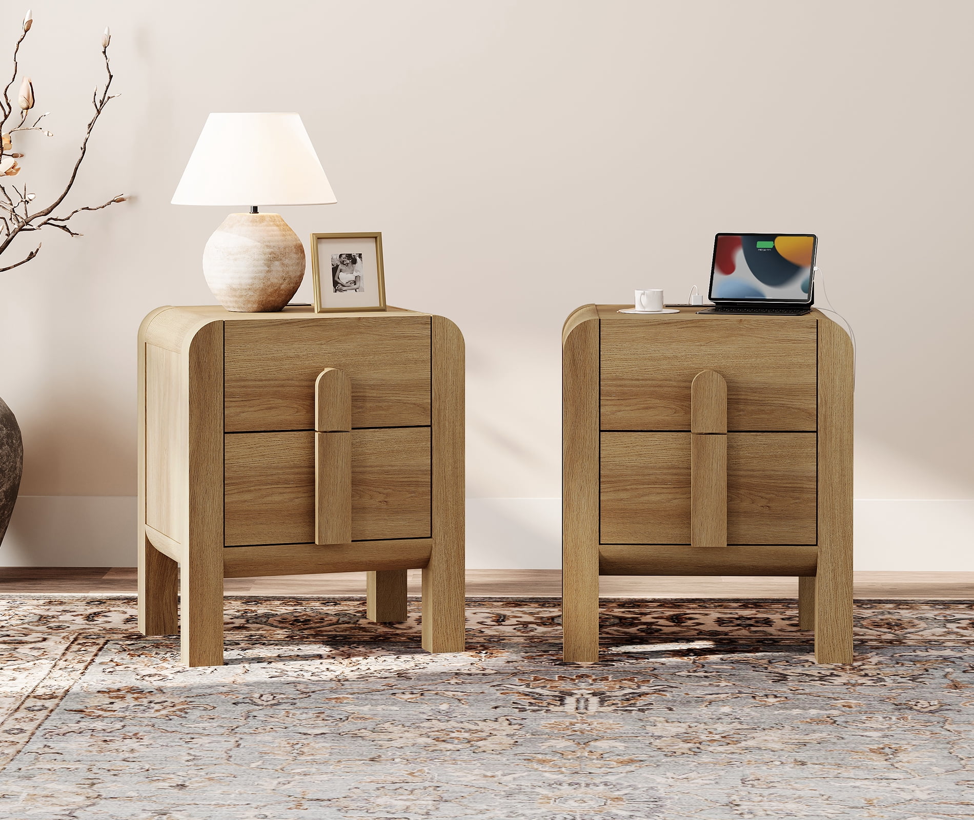 Mid-Century Modern Wood Nightstand Set of 2 with Drawers ,Curved End Table with Built-In Charging Station for Bedroom, Living Room,Entryway