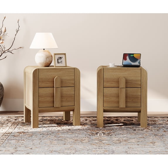 Mid-Century Modern Wood Nightstand Set of 2 with Drawers ,Curved End Table with Built-In Charging Station for Bedroom, Living Room,Entryway