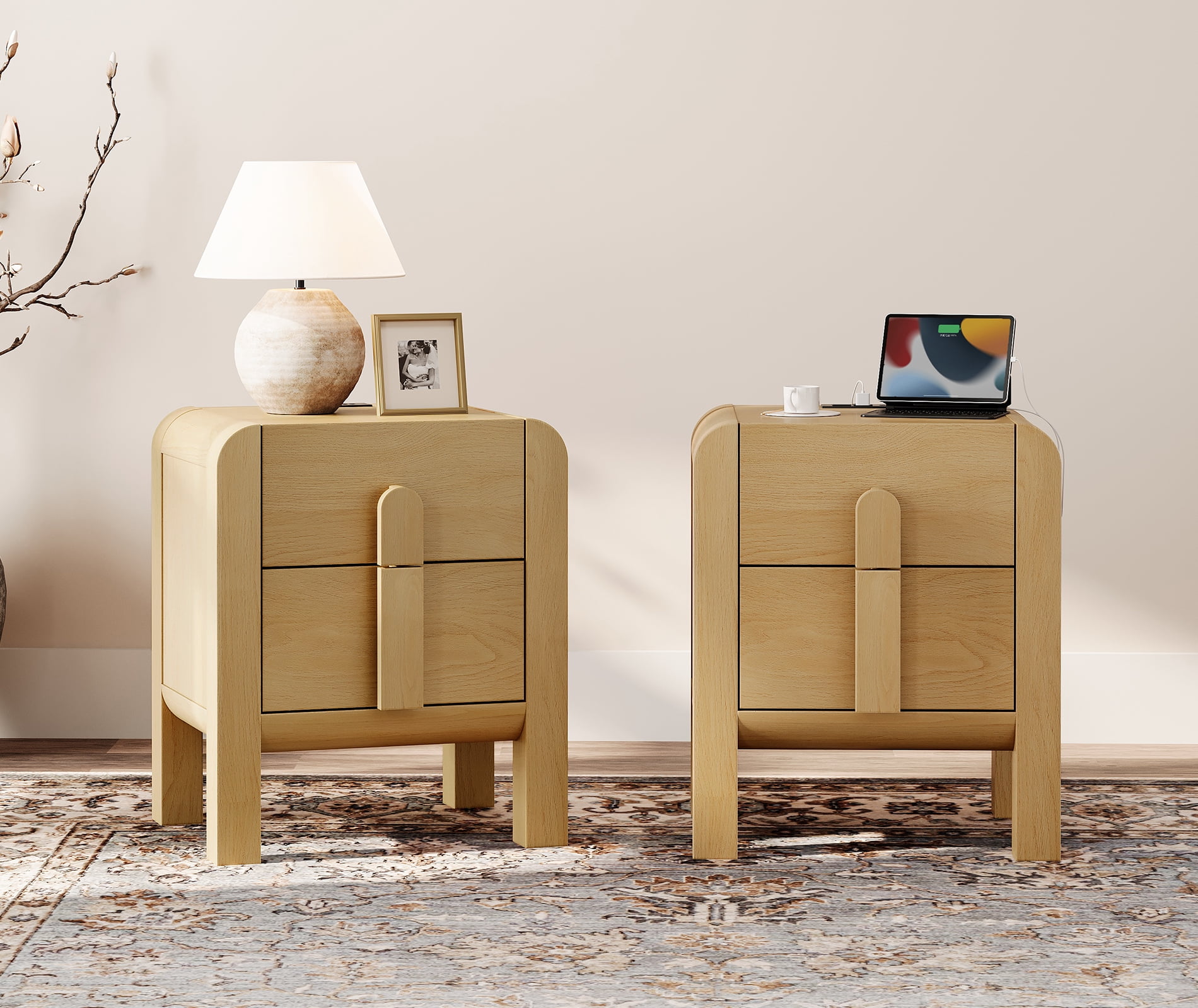 Mid-Century Modern Wood Nightstand Set of 2 with Drawers ,Curved End Table with Built-In Charging Station for Bedroom, Living Room,Entryway