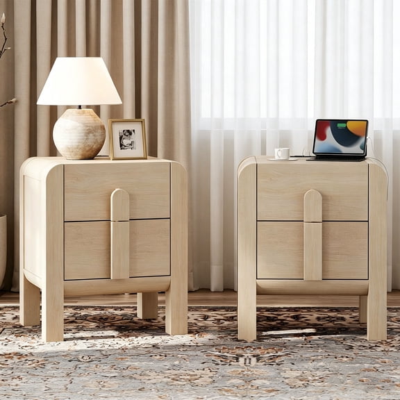 Mid-Century Modern Wood Nightstand Set of 2 with Drawers ,Curved End Table with Built-In Charging Station for Bedroom, Living Room,Entryway
