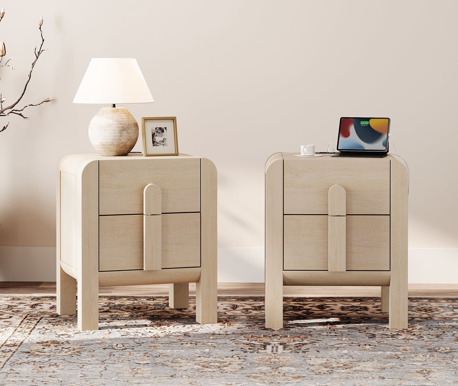 Mid-Century Modern Wood Nightstand Set of 2 with Drawers ,Curved End Table with Built-In Charging Station for Bedroom, Living Room,Entryway