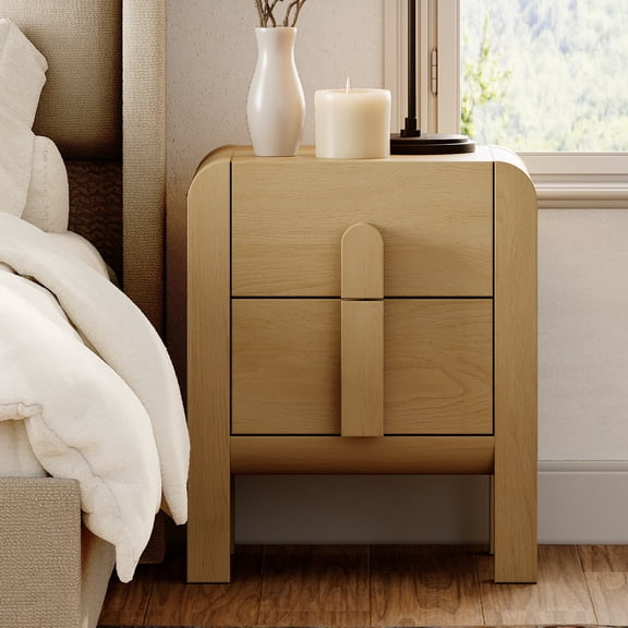 Mid-Century Modern Wood Nightstand with 2 Drawers ,Curved End Table with Built-In Charging Station for Bedroom, Living Room,Entryway