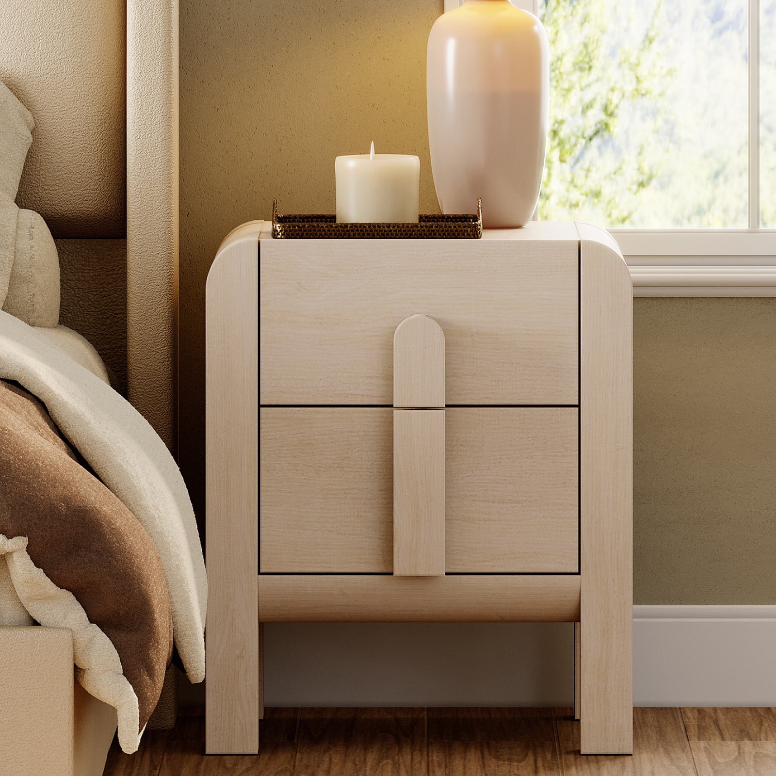 Mid-Century Modern Wood Nightstand with 2 Drawers ,Curved End Table with Built-In Charging Station for Bedroom, Living Room,Entryway