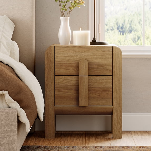 Mid-Century Modern Wood Nightstand with 2 Drawers ,Curved End Table with Built-In Charging Station for Bedroom, Living Room,Entryway