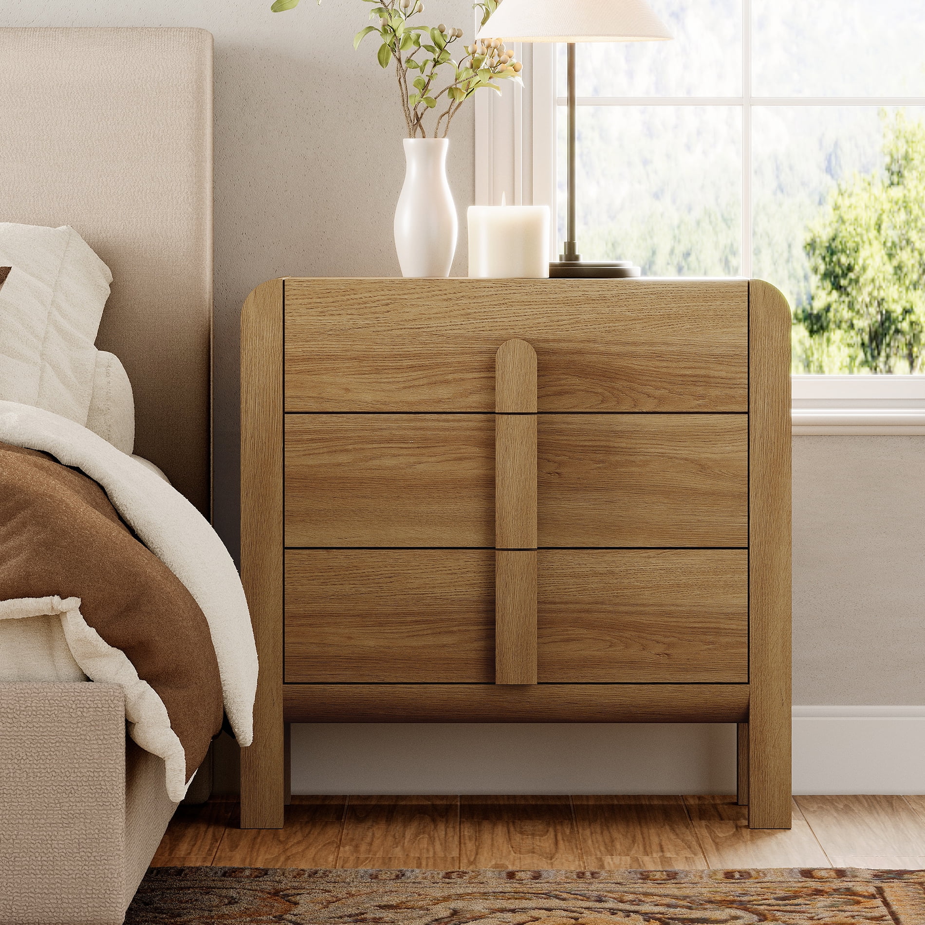 Mid-Century Modern Wood Nightstand with 3 Drawers ,31.5" Large End Table,Curved Bedside Table Storage Cabinet for Bedroom, Living Room,Entryway