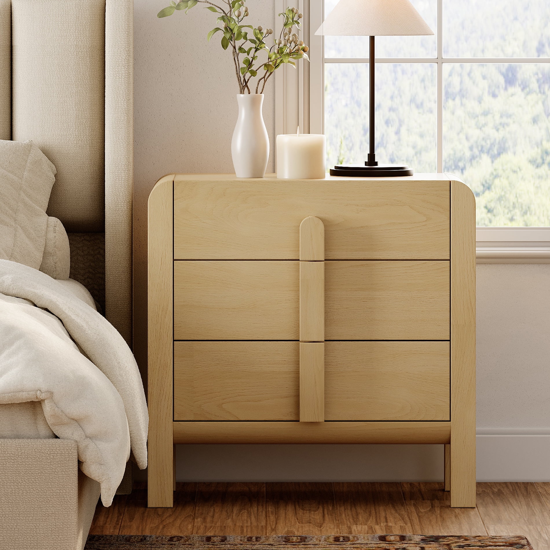 Mid-Century Modern Wood Nightstand with 3 Drawers ,31.5" Large End Table,Curved Bedside Table Storage Cabinet for Bedroom, Living Room,Entryway