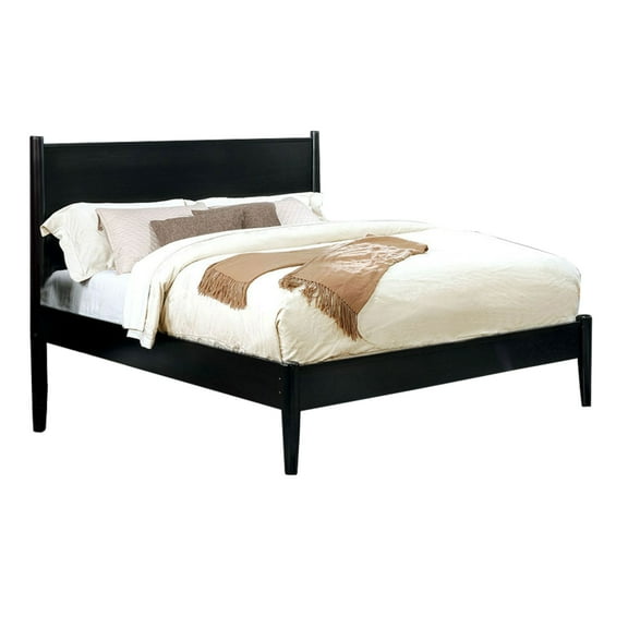 Mid Century Modern Wood Queen Bed with Round Tapered Legs Black - Saltoro Sherpi