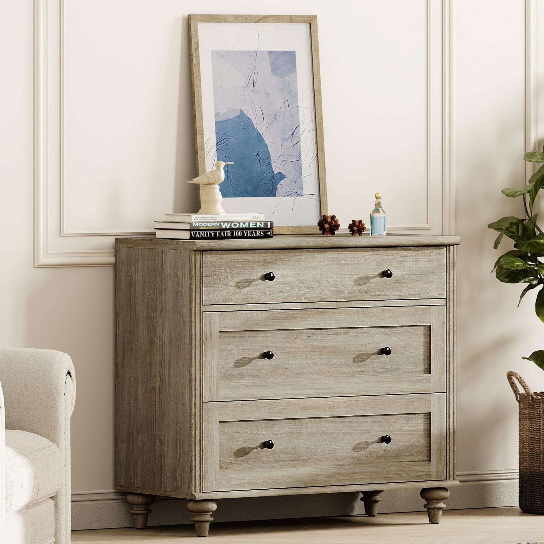 Mid Century Modern Wooden Bedroom End Table with 3 Drawers, Closet Storage Organizer, Gray Wash