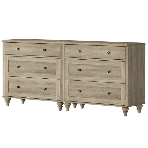 Mid-Century Modern Wooden Dresser with 6 Wide Drawers, Compact Storage Organizer for Bedroom, Nursery, Hallway, and Living Room, Gray Wash