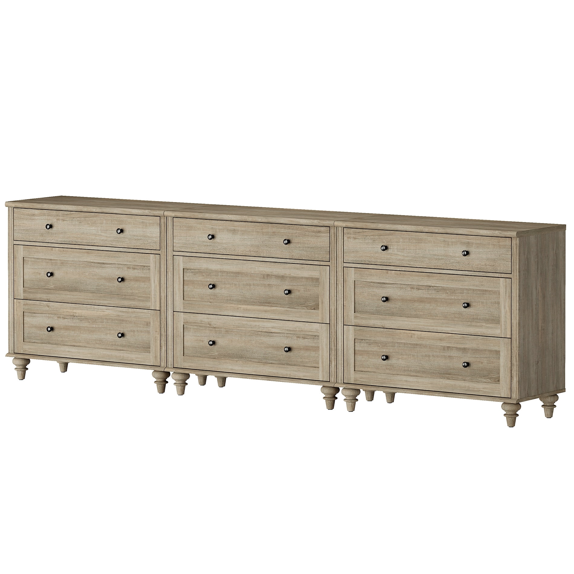 Mid-Century Modern Wooden Dresser with 9 Wide Drawers, Compact Storage Organizer for Bedroom, Nursery, Hallway, and Living Room, Gray Wash