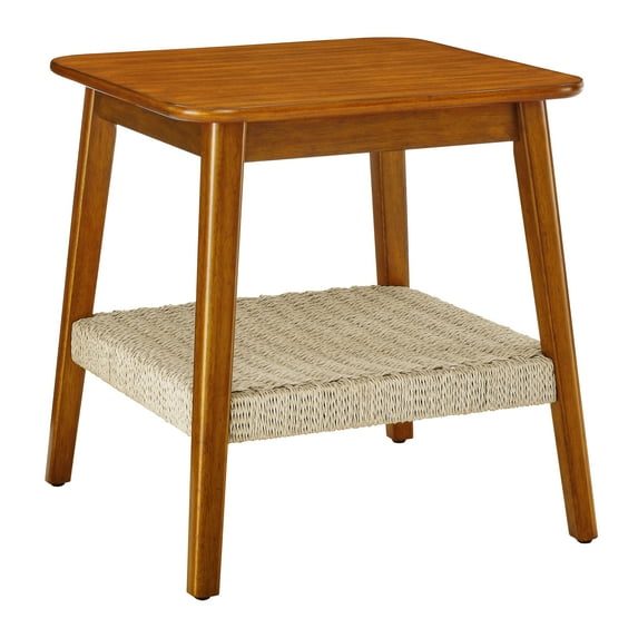 Mid-Century Modern Wooden Square End Table with Woven Storage Shelf, Freestanding Bed Sofa Side Table for Living Room Bedroom Office