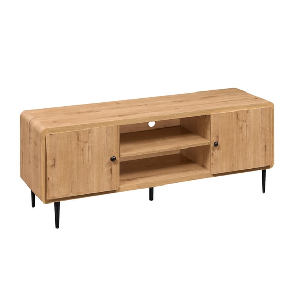 Mid-Century Modern Wooden TV Stand with Storage Cabinets and Cable Management, Fits TVs Up to 60"