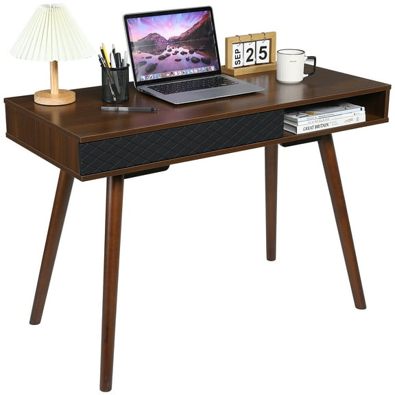 Mid-Century Modern Writing Desk, Simple Home Office Computer Desk with Drawer, Solid Wood Legs & Open Shelf, Small Vanity Table Desk for Bedroom, Dorm