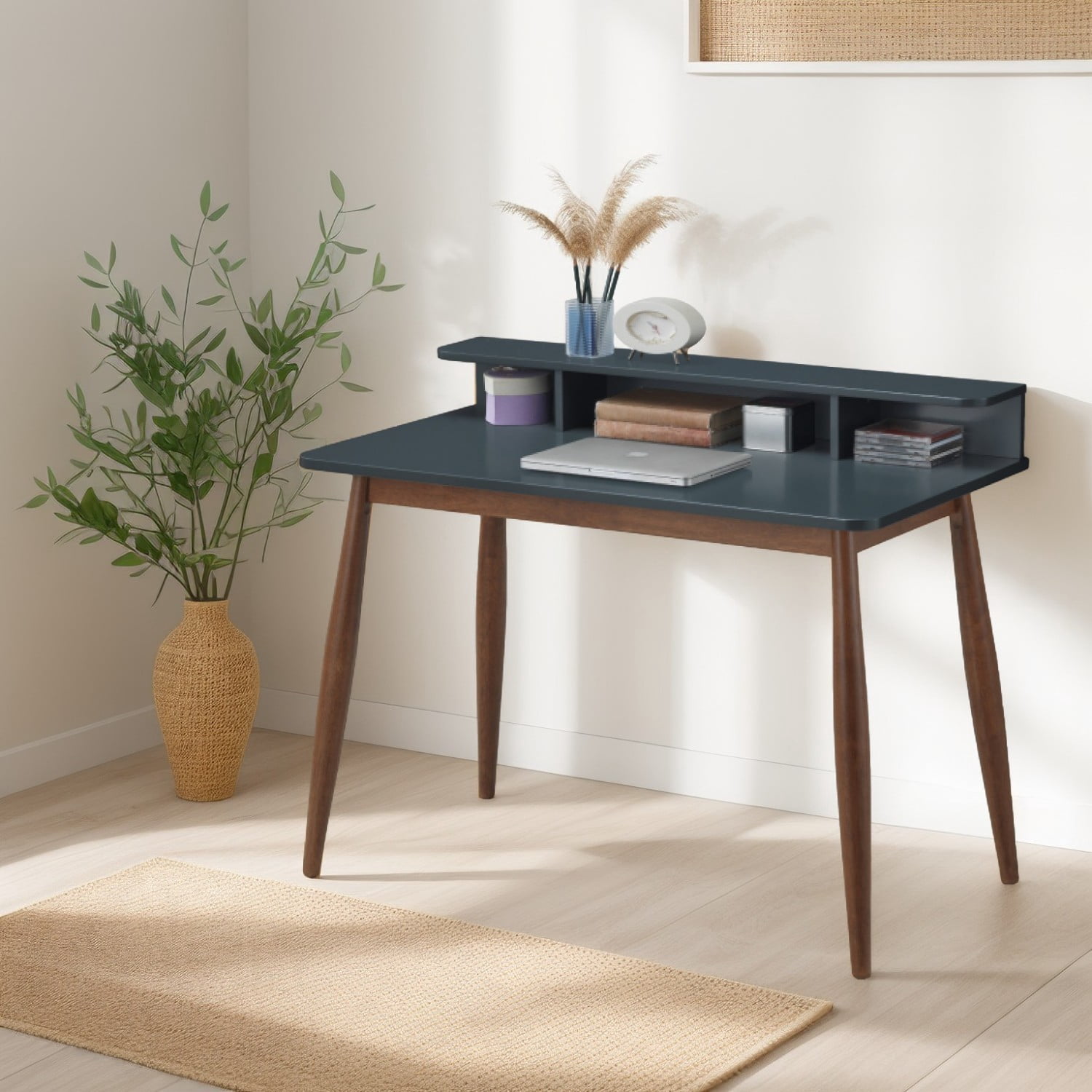 Mid-Century Modern Writing Desk with Hutch, 43" Home Office Desk with 3 Shelves Storage for Study Bedroom Computer Desk, Grey