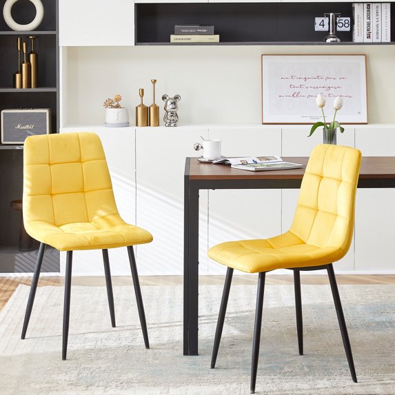 Mid Century Modern Yellow Velvet Dining Chairs Set Of 2 For Kitchen, Living Room