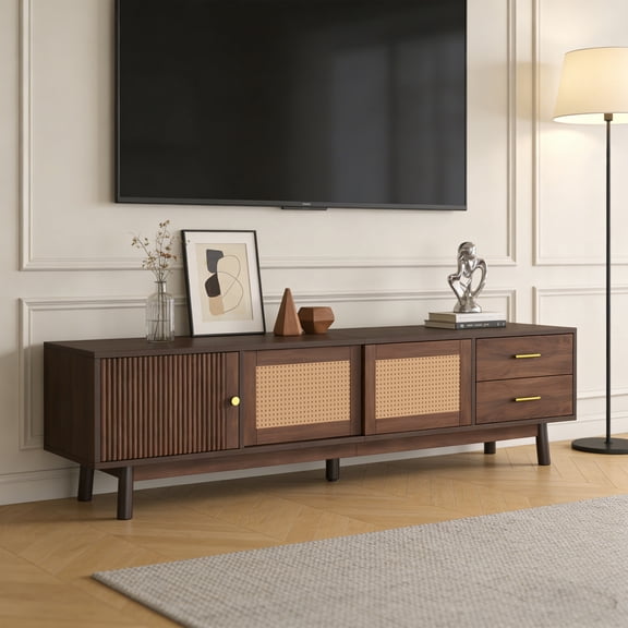 Mid-Century Modern entertainment center, fits 80-inch TVs, TV stand with sliding doors and drawers, multi-media storage cabinet suitable for living room and bedroom.