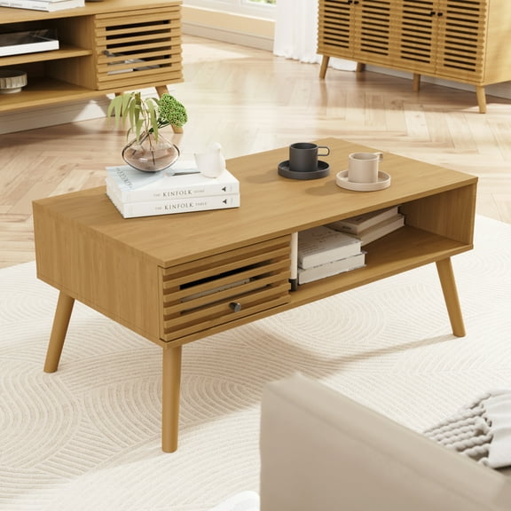 Mid Century Modern&nbsp;Coffee Table&nbsp;with Storage,&nbsp;Living Room Center Table with Slatted Panel Drawer, Fluted Wood Coffee Table with Open Shelf for Living Room, Oak