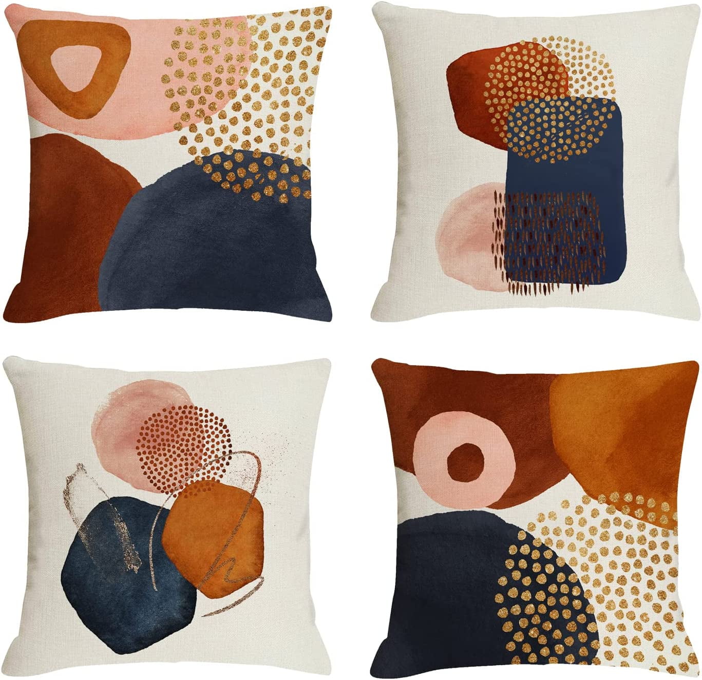 Navy Blue and Burnt Orange Abstract Polyester Throw Pillow Covers Set