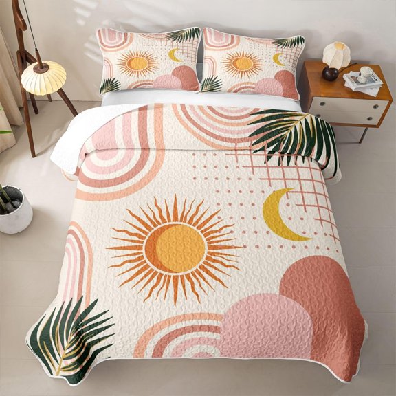 Mid Century Moon Quilt Set Full, Bohemian Abstract Geometric Bedspread Coverlet, Blush Pink Quilted Bedspread Set