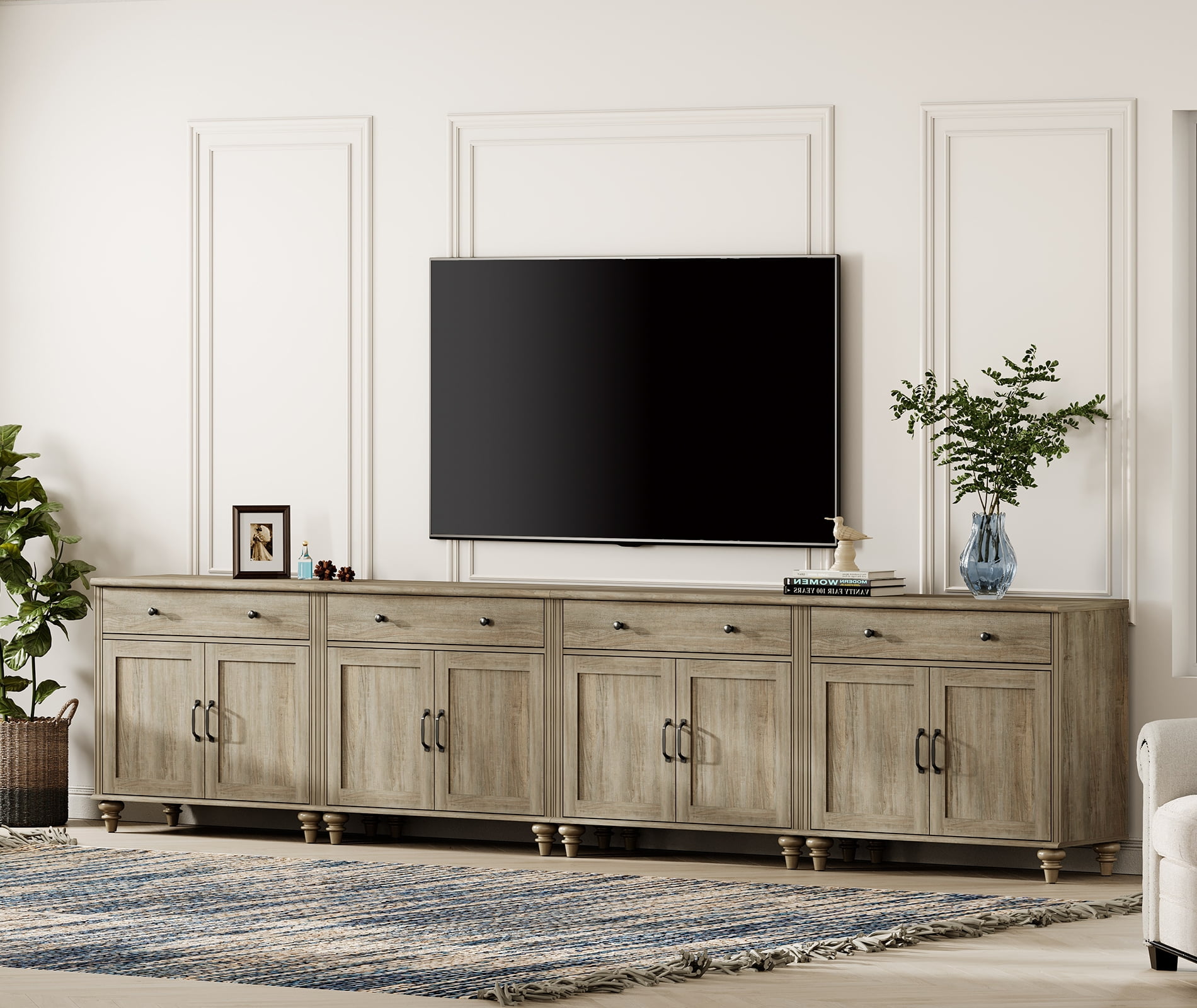 Mid-Century Morden Style TV Stand for 100 inch TV, Wooden Universal Entertainment Center with Storage Cabinets for Living Room or Bedroom, Wash Gray