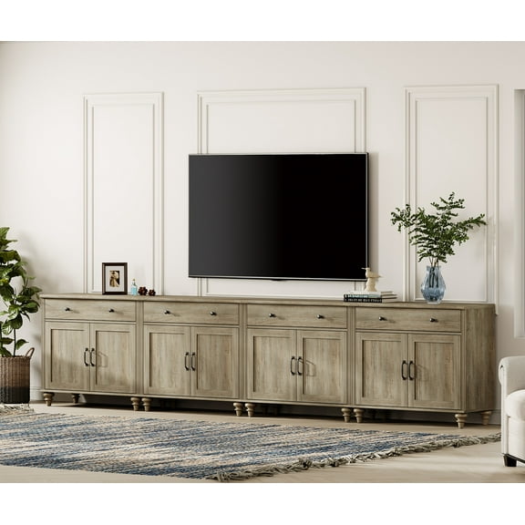 Mid-Century Morden Style TV Stand for 100 inch TV, Wooden Universal Entertainment Center with Storage Cabinets for Living Room or Bedroom, Wash Gray