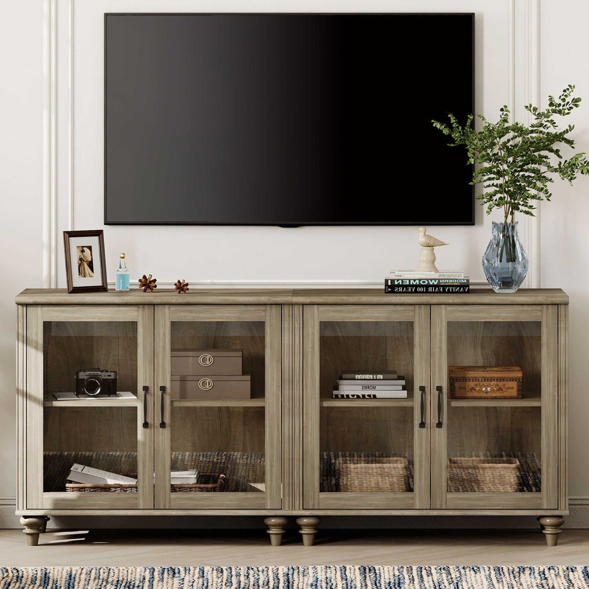 Mid-Century Morden Style 75 inch TV Stand, Console Table with 4 Glass Doors for Living Room or Bedroom, Wash Gray