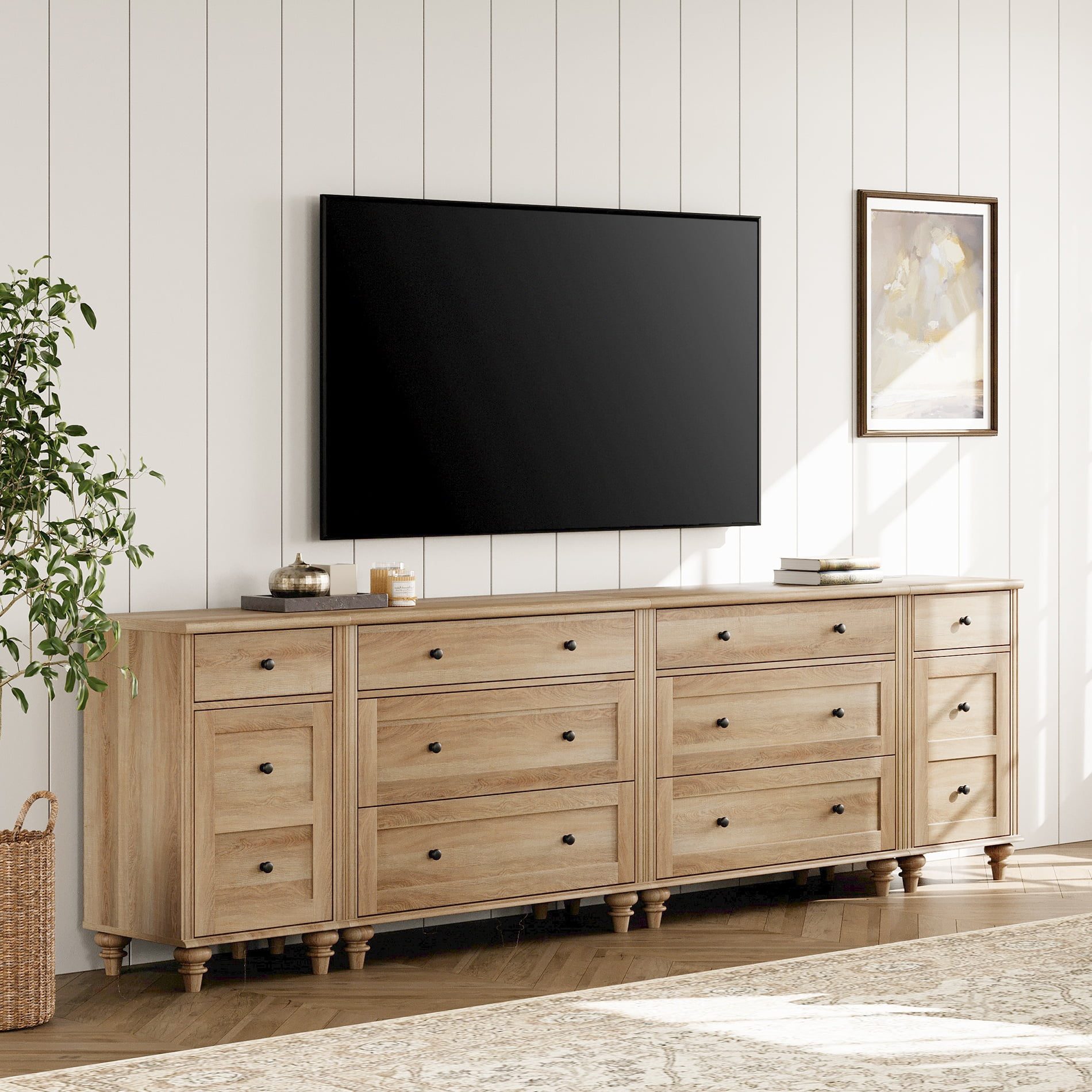 WAMPAT Farmhouse TV Stand for 100 Inch TV, 3-in-1 TV Console Table with 8 Drawers and 2 Storages, Entertainment Center with Charging Station for Living Room, Oak